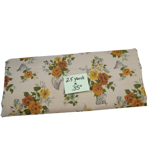 Vintage Enchanting Floral Fabric 2.5 Yards x 35" Yellow Orange Green Silky Feel - Picture 4 of 12